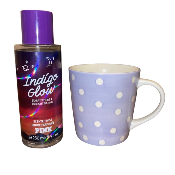 Starbucks 2006 lavender and white polka dot mug PINK VS Indigo Glow body mist